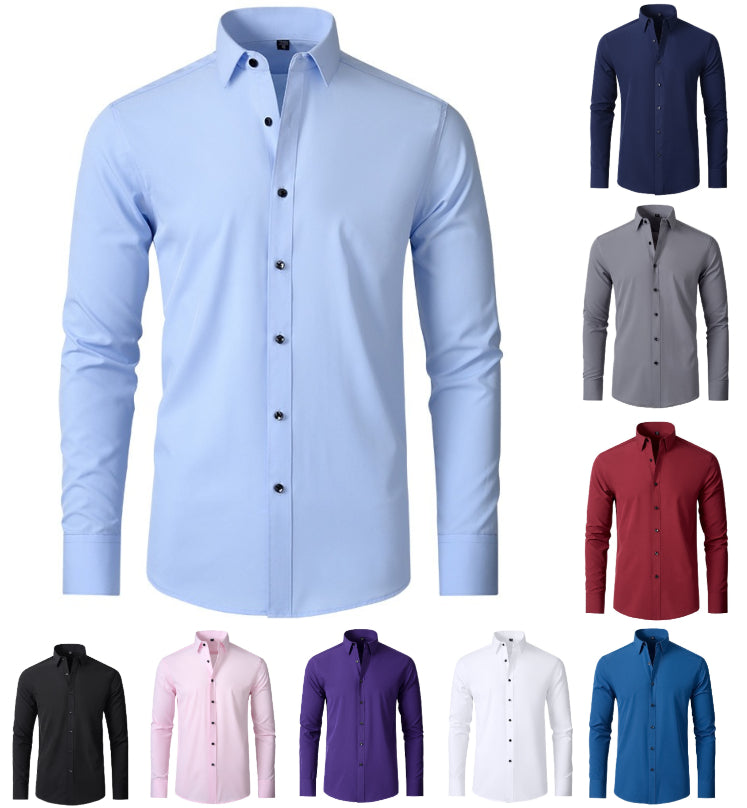 Chemise extensible à manches longues pour homme, couleur unie, coupe slim, sans repassage, style business décontracté