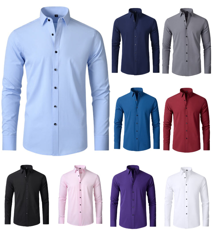 Chemise extensible à manches longues pour homme, couleur unie, coupe slim, sans repassage, style business décontracté