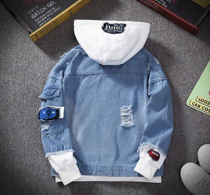 Manteau en jean à manches longues avec capuche et jean déchiré pour homme, veste vintage | 6693