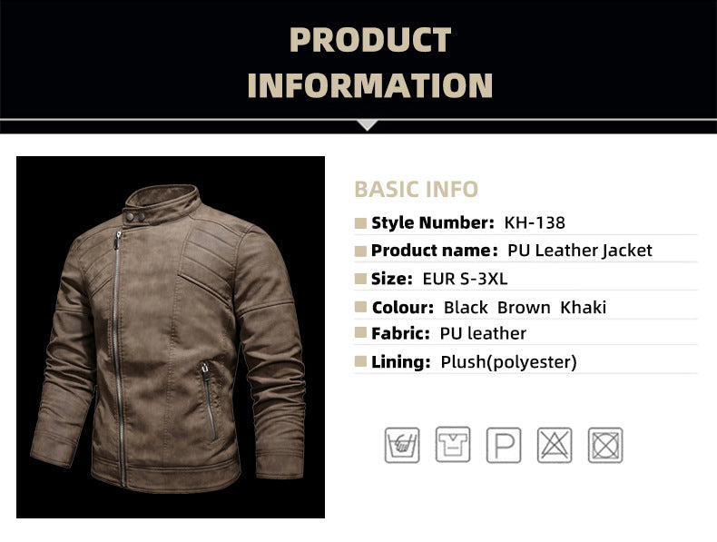 Men's PU Leather Jacket Padded Lapel Oblique Lapel Zipper Korean Stand-up Collar Jacket Blazer | KH-138