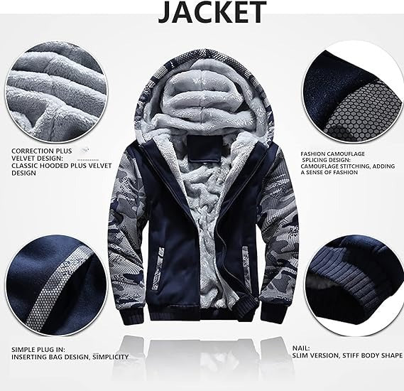 Survêtement camouflage pour homme avec fermeture éclair et veste à capuche en polaire épaisse d'hiver + pantalon