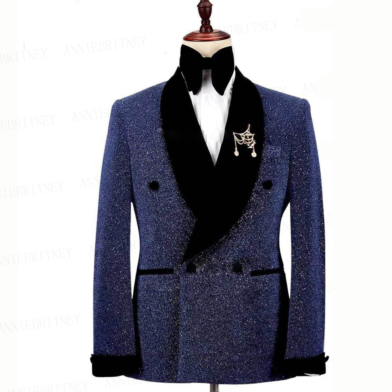 Giacca lucida con pantaloni set abiti 2 pezzi smoking sposo nero velluto piatto collo scialle abiti da sposa smoking | LL830