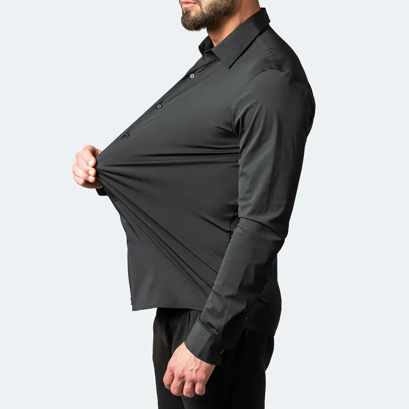 Chemise extensible à manches longues pour homme, couleur unie, coupe slim, sans repassage, style business décontracté