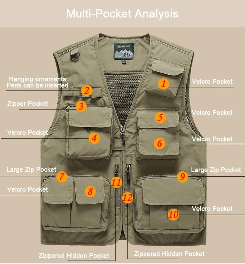 Gilet cargo multitasche da uomo, maglione da pesca per arrampicata, campeggio, escursionismo, gilet estivo