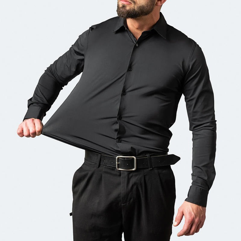 Chemise extensible à manches longues pour homme, couleur unie, coupe slim, sans repassage, style business décontracté