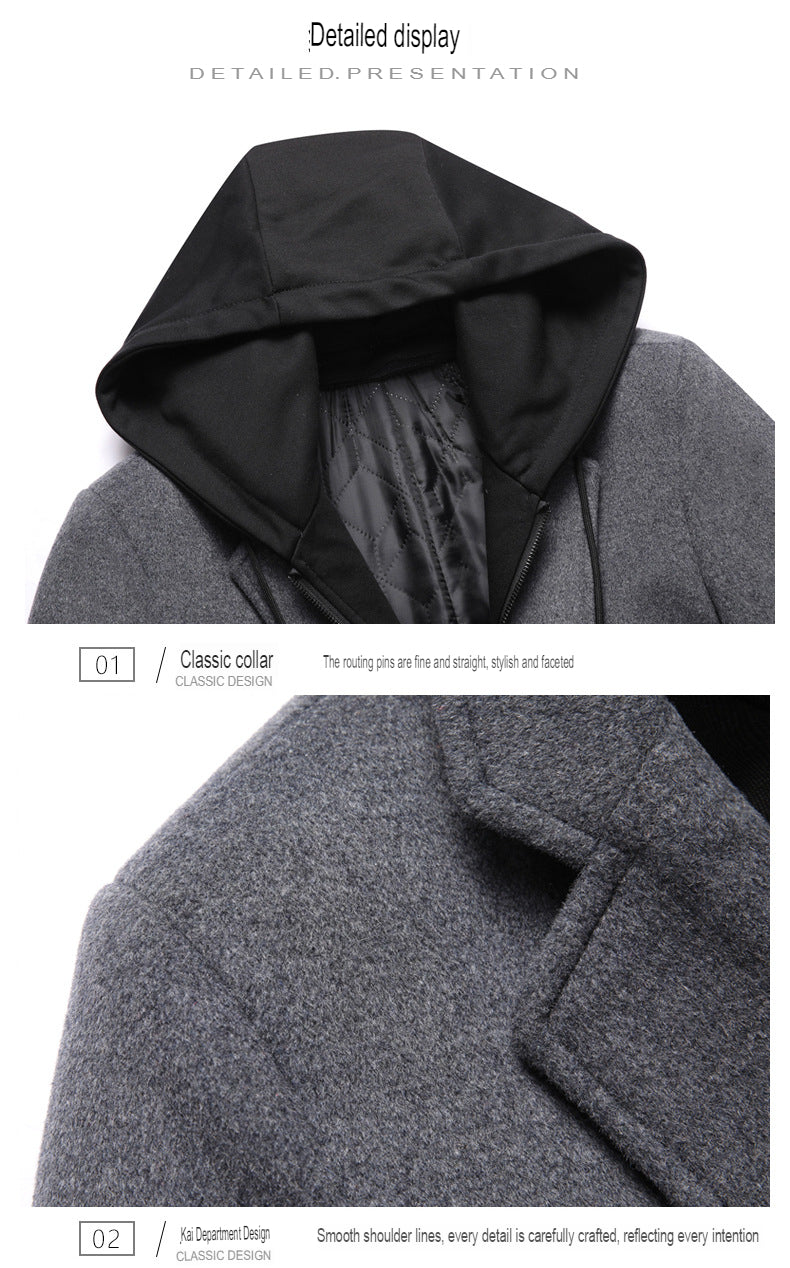 Trench antivento da uomo, lungo, softshell, con cappuccio, tasche laterali, cappotto caldo doppiopetto | HHN14-1
