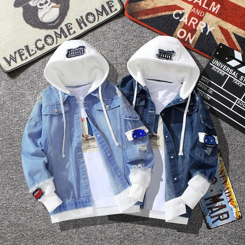 Manteau en jean à manches longues avec capuche et jean déchiré pour homme, veste vintage | 6693
