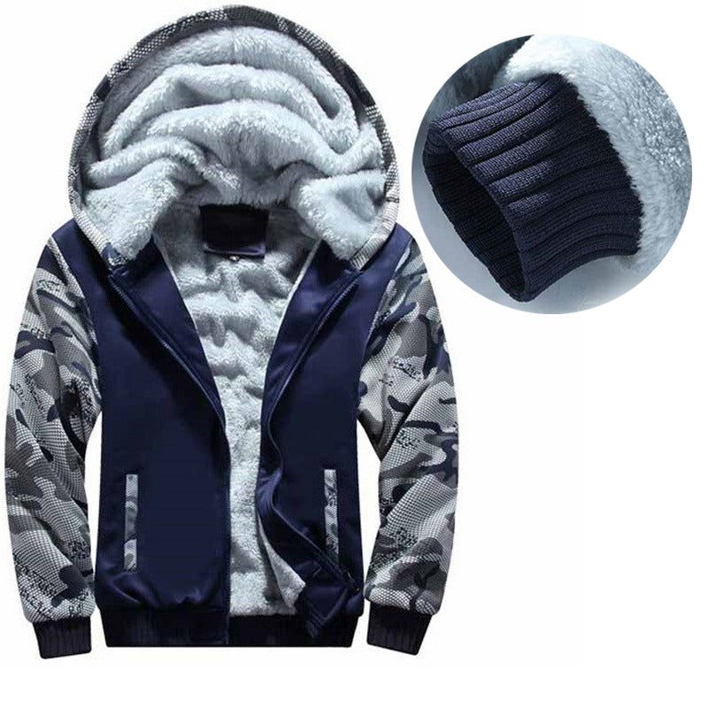 Survêtement camouflage pour homme avec fermeture éclair et veste à capuche en polaire épaisse d'hiver + pantalon