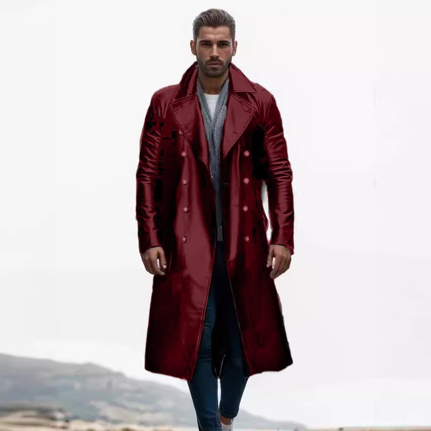 Men's Winter Long Coat Leather Double-Breasted German Military Jacket | 1217-FY8