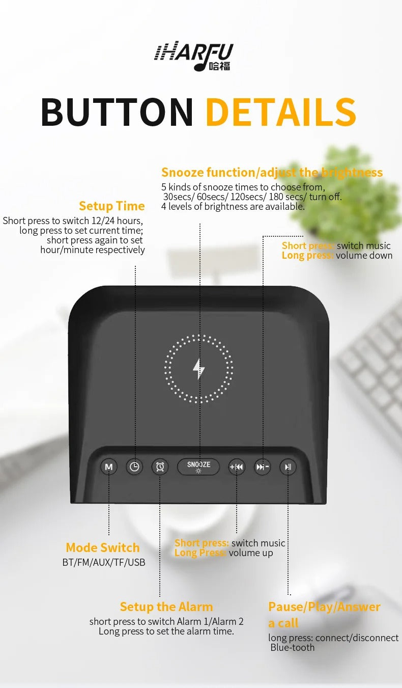 Sveglia con schermo grande e ricarica wireless da 15 W, altoparlante portatile Bluetooth | 2023
