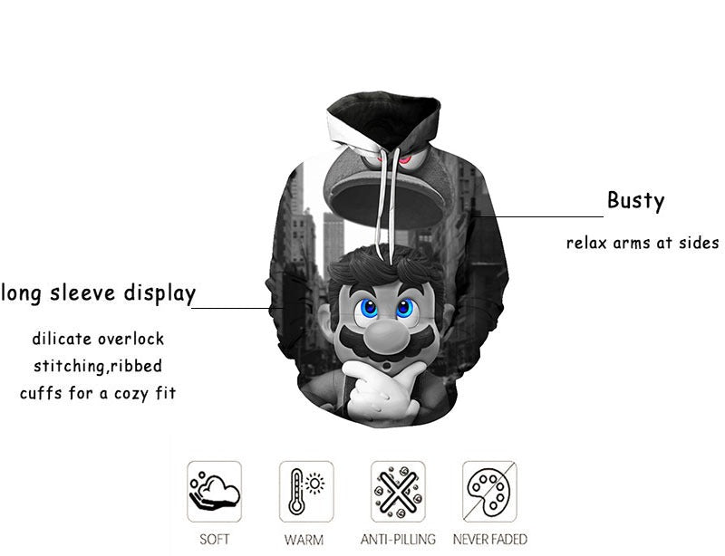 Felpa con cappuccio stampata Super Mario Bros Pullover Autunno hip-hop Cappotto Felpa Maglione | w17747