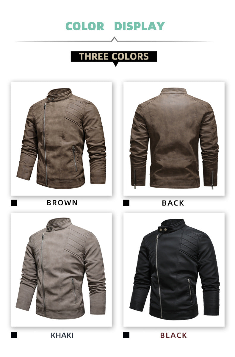 Men's PU Leather Jacket Padded Lapel Oblique Lapel Zipper Korean Stand-up Collar Jacket Blazer | KH-138