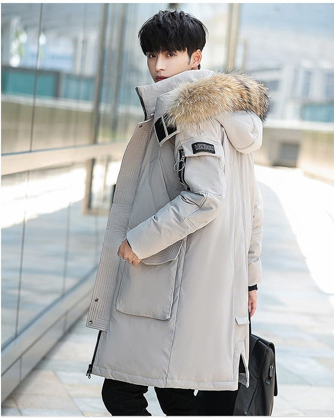 Doudoune mi-longue pour homme avec capuche et col en fourrure et manteau en duvet de canard en velours | 896