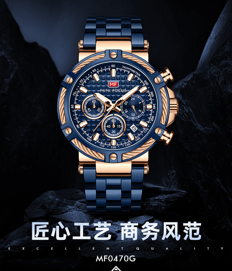 Montre analogique à quartz en acier inoxydable pour homme Mini Focus Chronograph Luminous Watch | MF047
