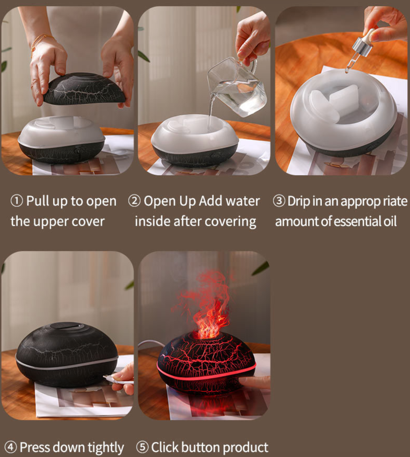 Realistic Flame Effect Aromatherapy Diffuser – 7-Color LED Humidifier USB Powered for Home, Office & Bedroom | SD13