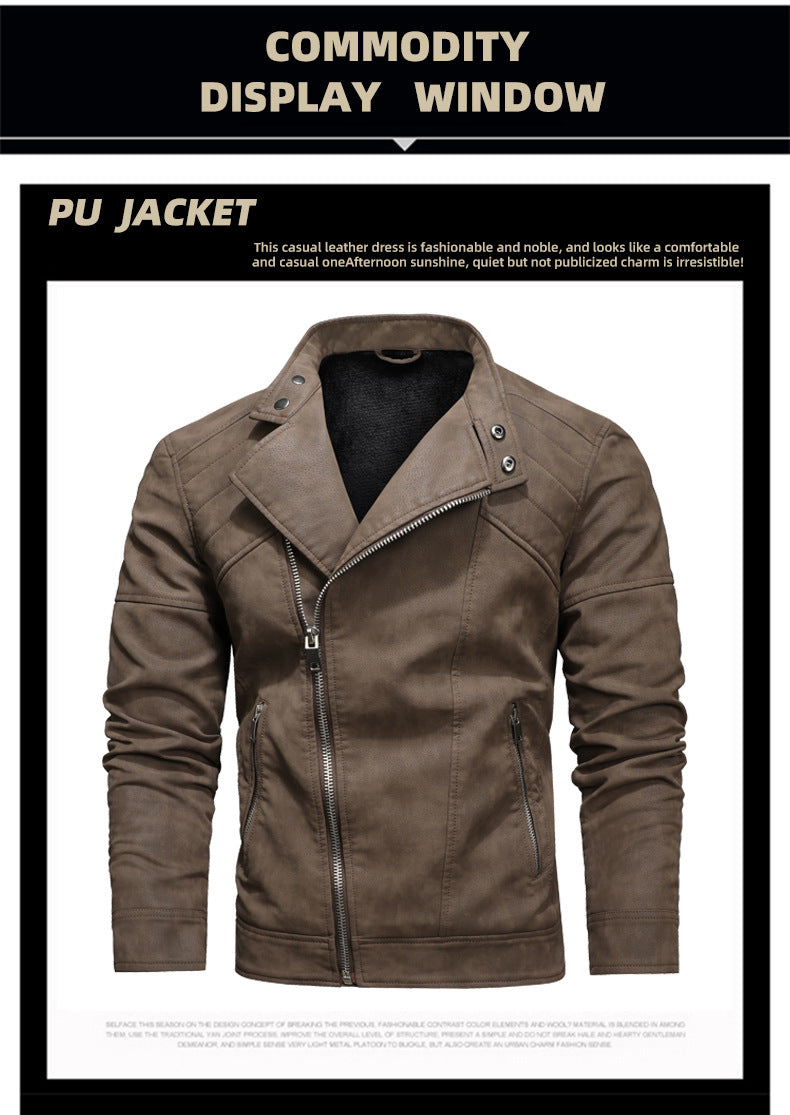 Men's PU Leather Jacket Padded Lapel Oblique Lapel Zipper Korean Stand-up Collar Jacket Blazer | KH-138