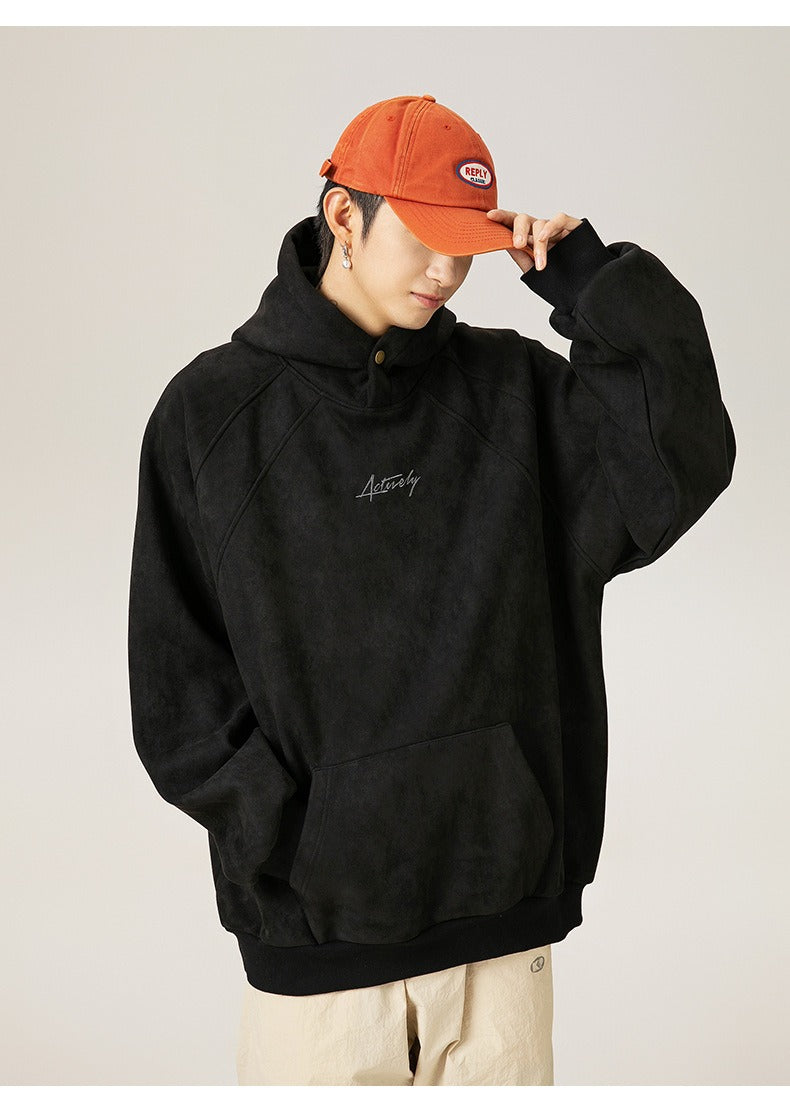 Unisex Heavy Suede Hooded Sweatshirt Retro American Style for Autumn & Winter Loose Fit Hoodie | L3848