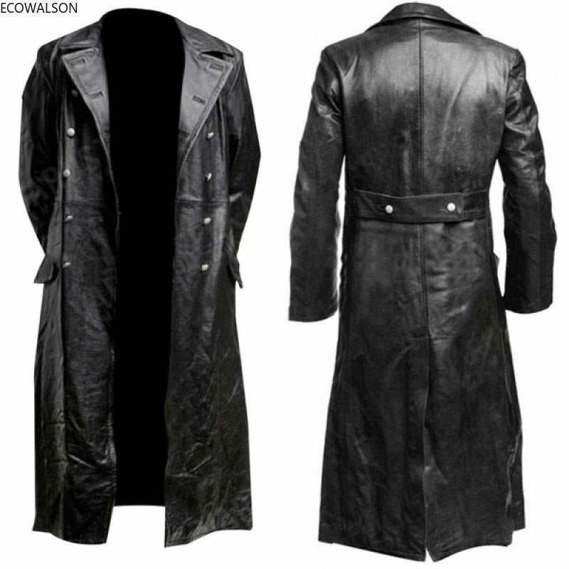 Men's Winter Long Coat Leather Double-Breasted German Military Jacket | 1217-FY8