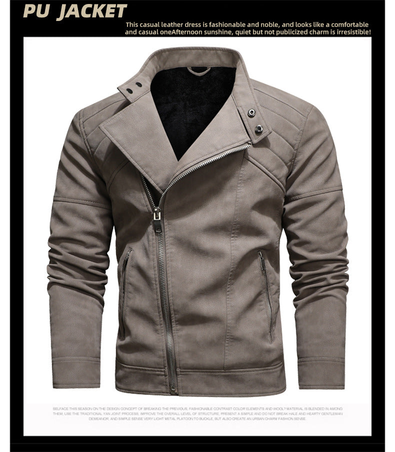 Men's PU Leather Jacket Padded Lapel Oblique Lapel Zipper Korean Stand-up Collar Jacket Blazer | KH-138
