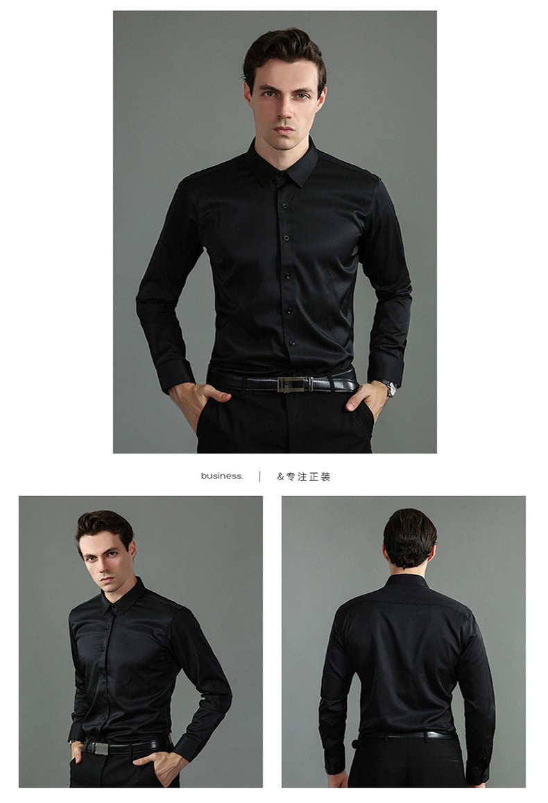 Chemise extensible à manches longues pour homme, couleur unie, coupe slim, sans repassage, style business décontracté