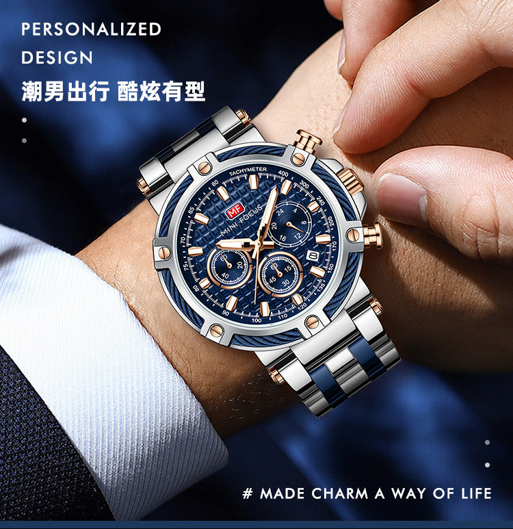 Montre analogique à quartz en acier inoxydable pour homme Mini Focus Chronograph Luminous Watch | MF047