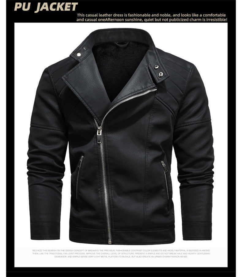 Men's PU Leather Jacket Padded Lapel Oblique Lapel Zipper Korean Stand-up Collar Jacket Blazer | KH-138