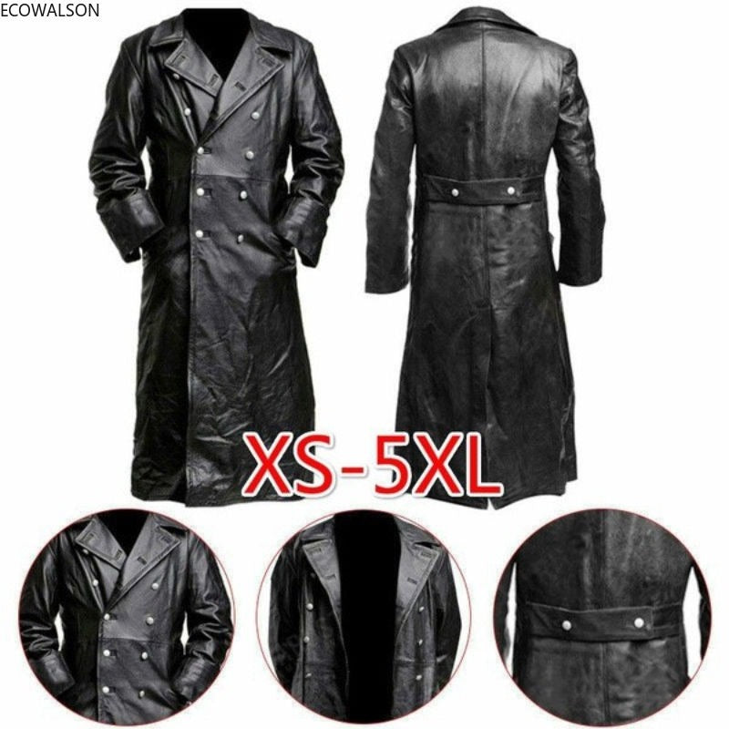 Men's Winter Long Coat Leather Double-Breasted German Military Jacket | 1217-FY8