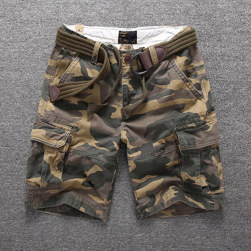 Men's Summer Loose Straight Belt Outdoor Solid Cotton Multi Pocket Shorts | 170