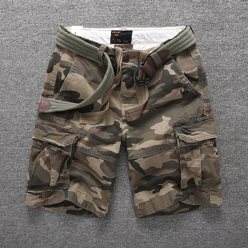 Men's Summer Loose Straight Belt Outdoor Solid Cotton Multi Pocket Shorts | 170