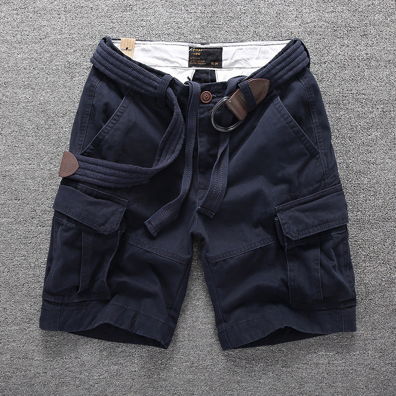 Men's Summer Loose Straight Belt Outdoor Solid Cotton Multi Pocket Shorts | 170