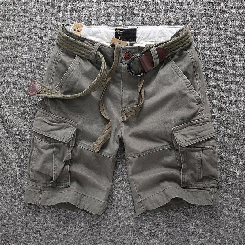 Men's Summer Loose Straight Belt Outdoor Solid Cotton Multi Pocket Shorts | 170