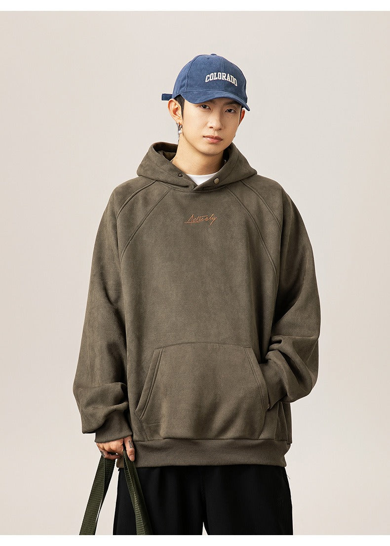 Unisex Heavy Suede Hooded Sweatshirt Retro American Style for Autumn & Winter Loose Fit Hoodie | L3848