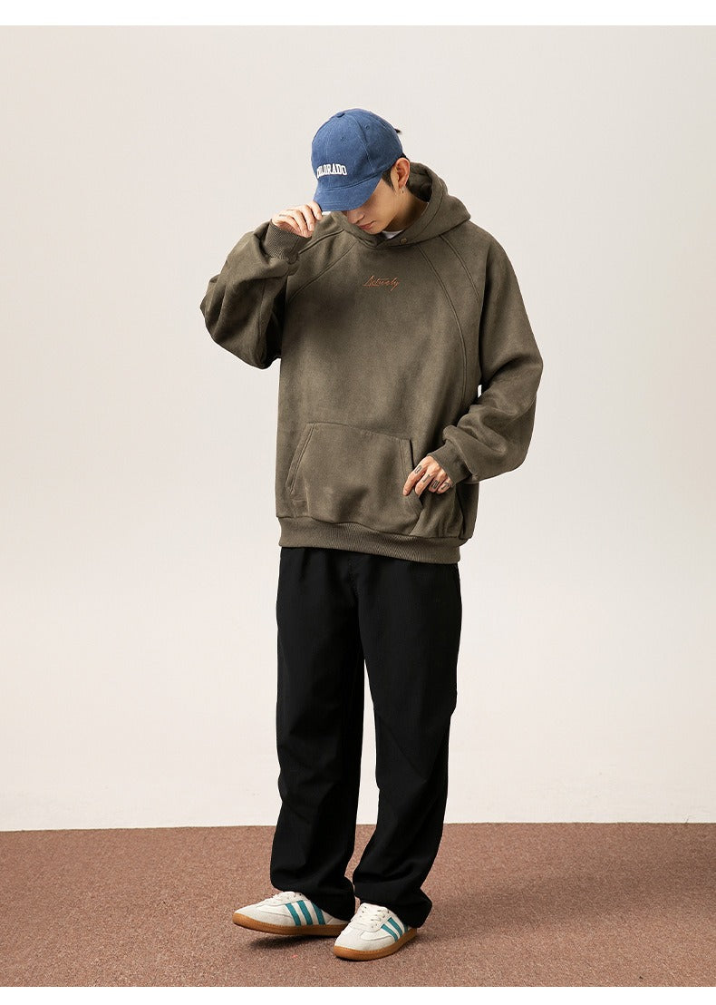 Unisex Heavy Suede Hooded Sweatshirt Retro American Style for Autumn & Winter Loose Fit Hoodie | L3848