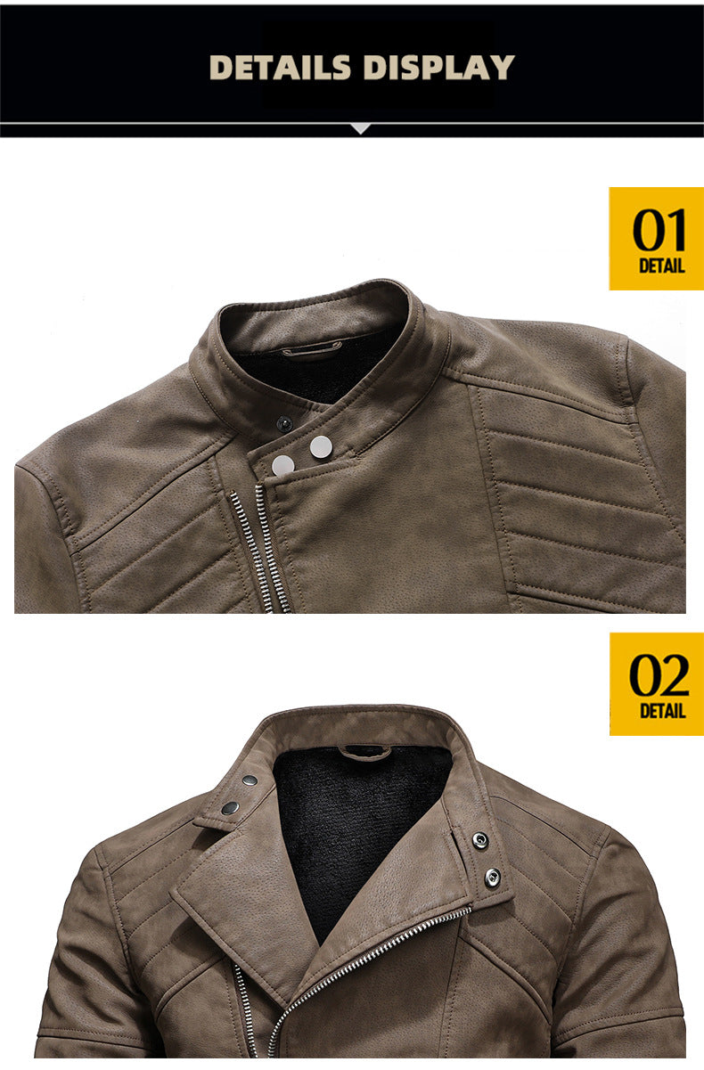 Men's PU Leather Jacket Padded Lapel Oblique Lapel Zipper Korean Stand-up Collar Jacket Blazer | KH-138