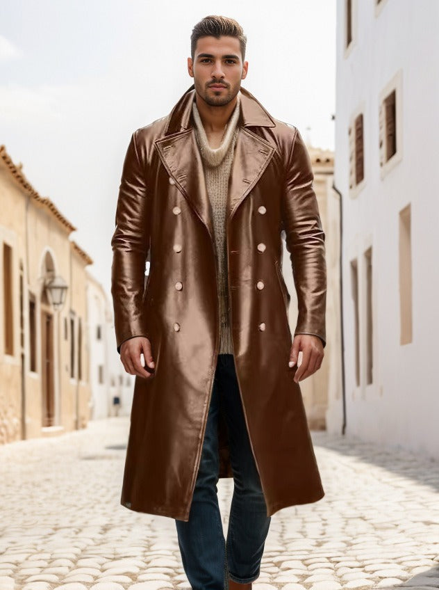 Men's Winter Long Coat Leather Double-Breasted German Military Jacket | 1217-FY8