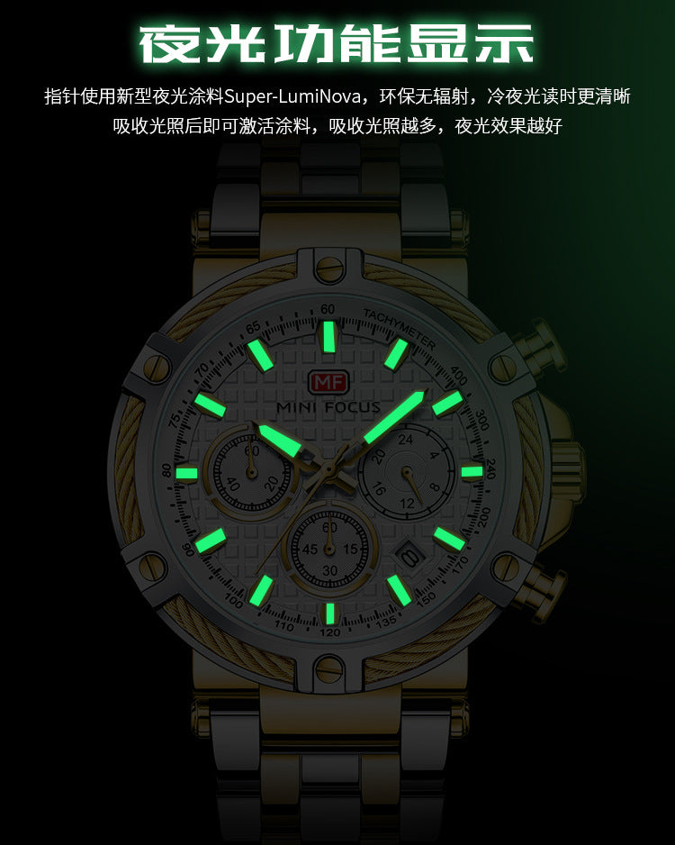 Montre analogique à quartz en acier inoxydable pour homme Mini Focus Chronograph Luminous Watch | MF047