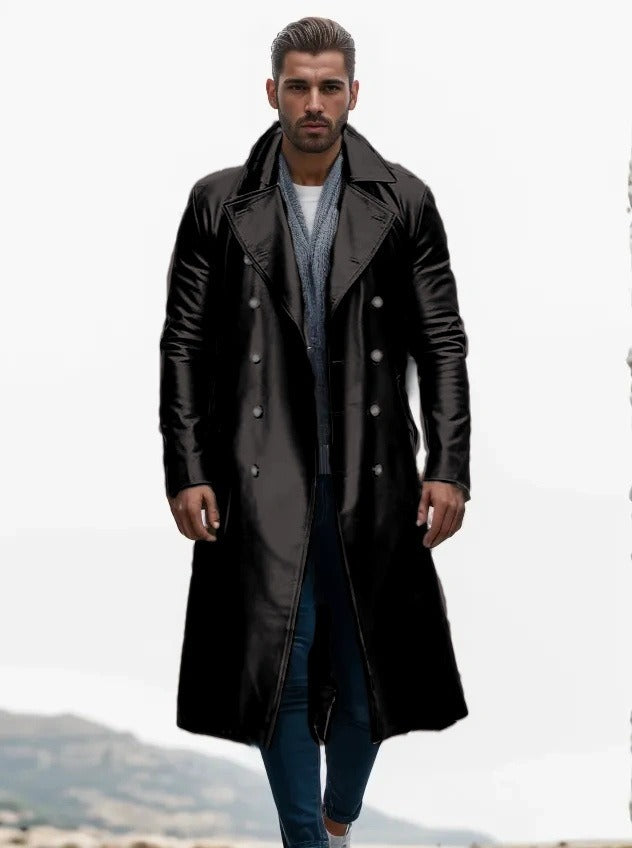 Men's Winter Long Coat Leather Double-Breasted German Military Jacket | 1217-FY8