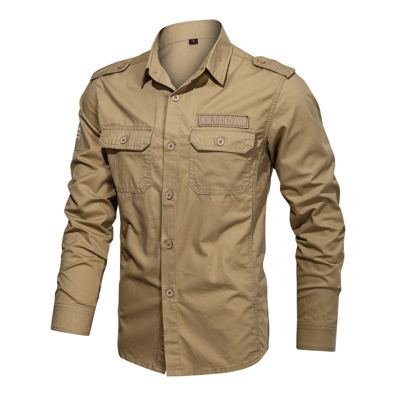 Camicia militare a maniche lunghe da esterno, in cotone tinta unita, taglie forti, da uomo | 1907
