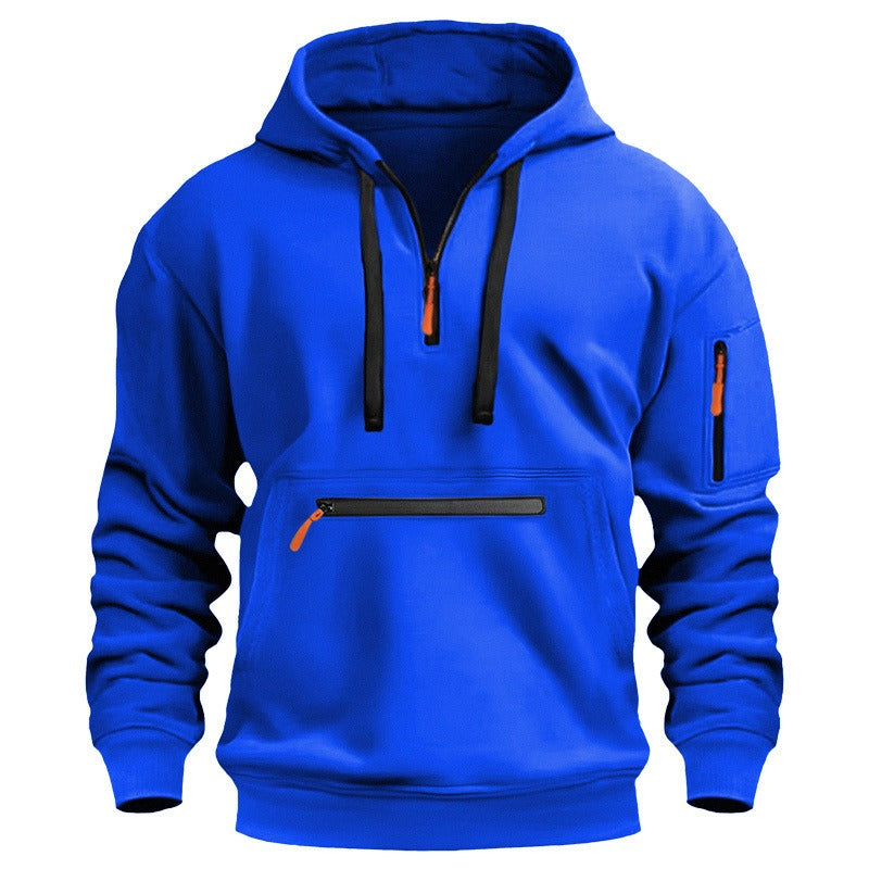 Men’s Pullover Hoodie Solid Pattern Zippered Lined Collar Loose Fit Casual Sportswear | TZ-28