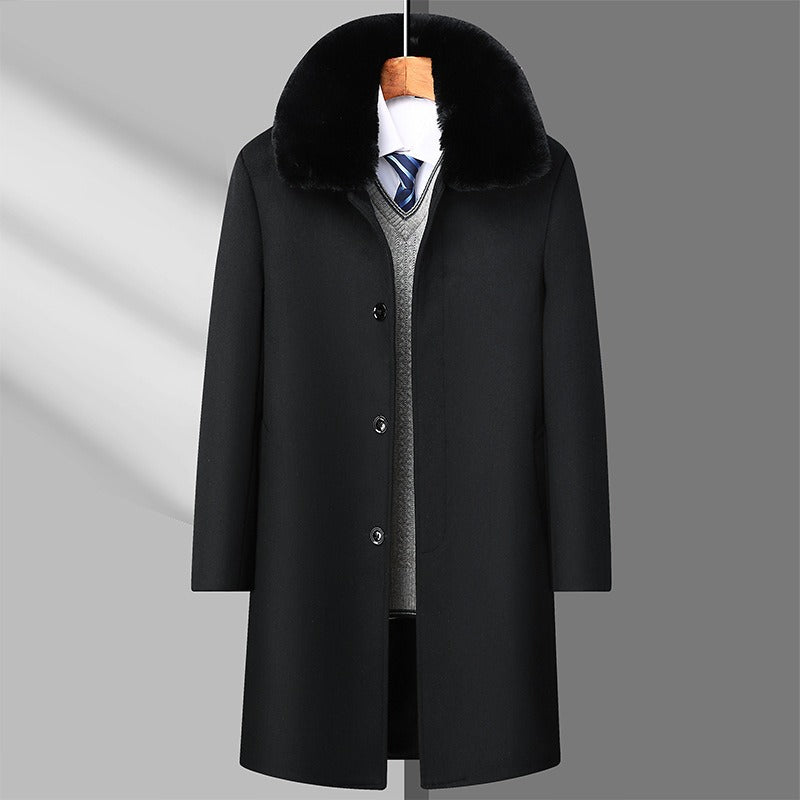 Trench lungo monopetto casual da uomo, da lavoro, invernale, in lana, con collo in pelliccia | DY9802
