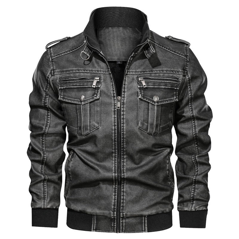 Veste en cuir PU à col montant pour homme avec fermeture éclair solide et décontractée | 833