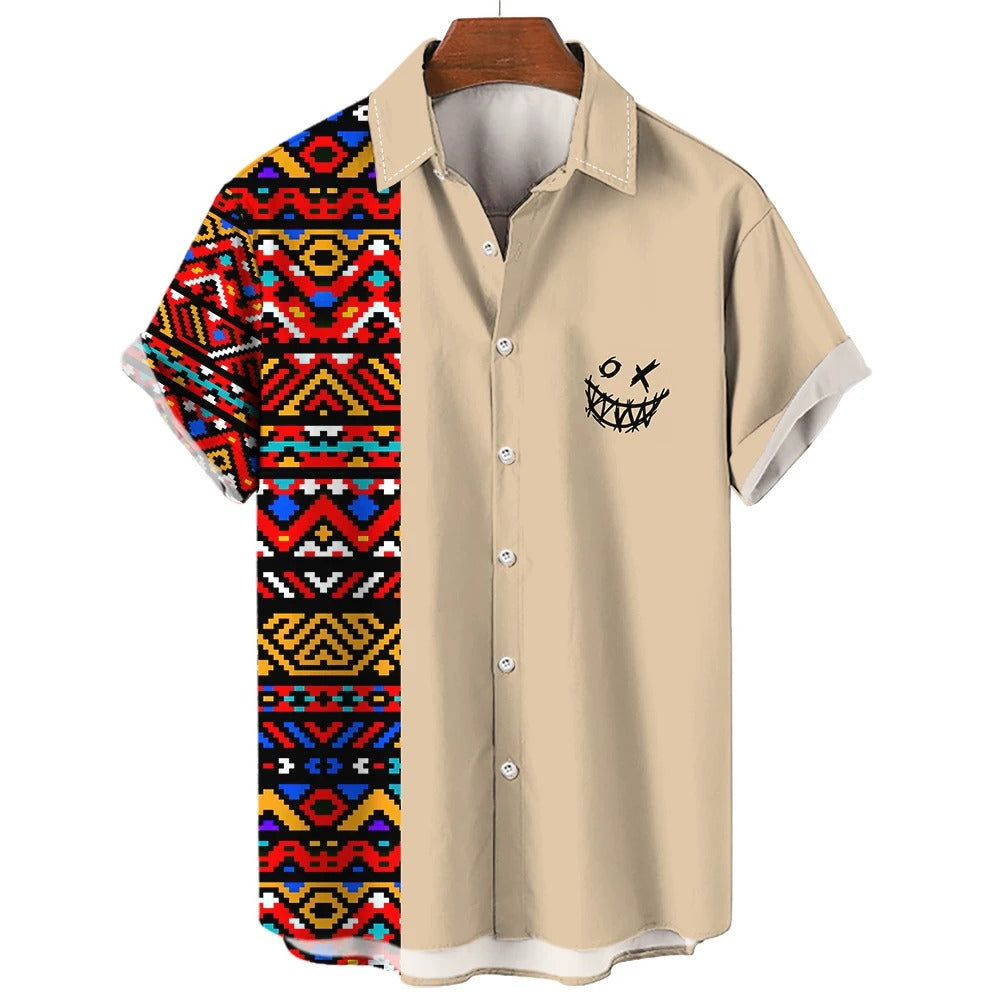 Maglietta casual a maniche corte da uomo con stampa etnica vintage, da cowboy, con risvolto e bottoni, polo da strada