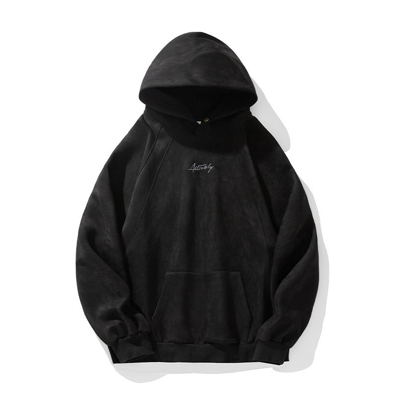 Unisex Heavy Suede Hooded Sweatshirt Retro American Style for Autumn & Winter Loose Fit Hoodie | L3848