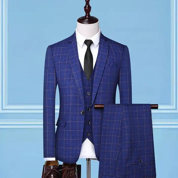 Costume 3 pièces pour homme, coupe slim, coupe droite, pour soirée d'affaires, mariage, à carreaux | 307