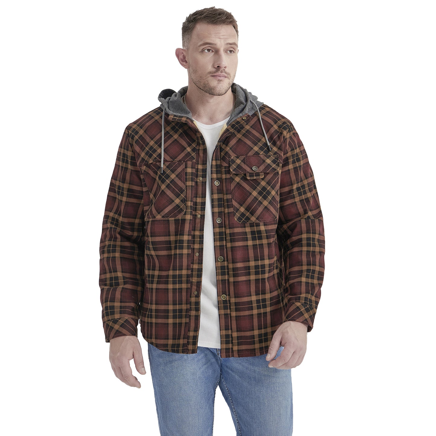 Top Quality Men's Plaid Checked Shirt Jacket Plus Size Velvet Lined Windproof Warm Hooded Cotton Coat | 3252