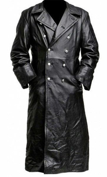 Men's Winter Long Coat Leather Double-Breasted German Military Jacket | 1217-FY8