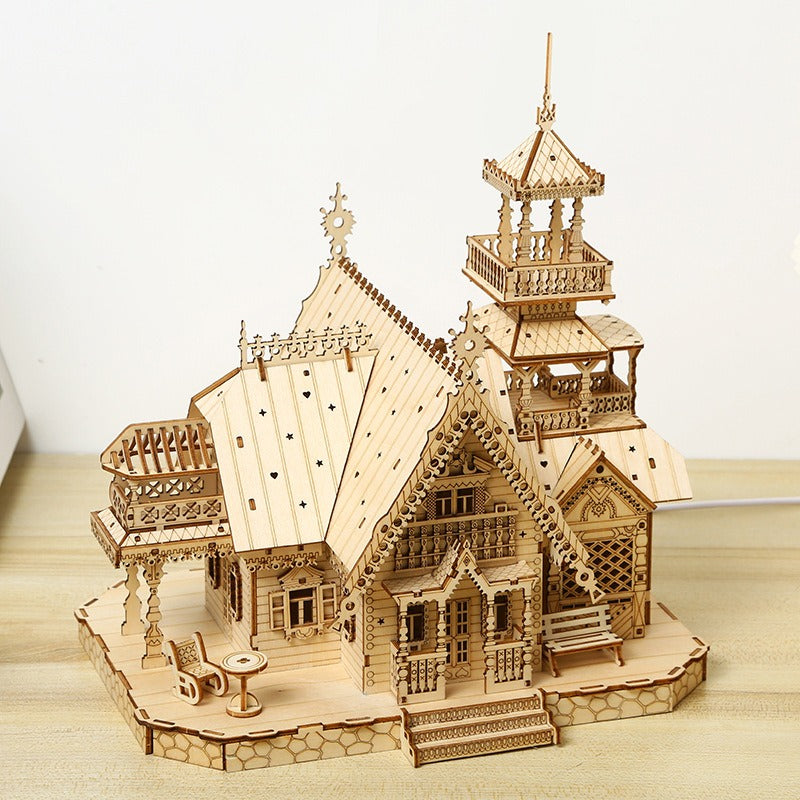Puzzle 3D in legno Villa Castello Fai da te Artigianato in legno Bambini Illumina Hobby Giocattoli educativi | PT-045