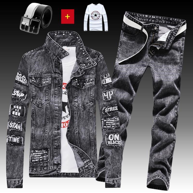 Ensemble 3 pièces veste en jean pour homme, pantalon imprimé lettres, décontracté, simple boutonnage