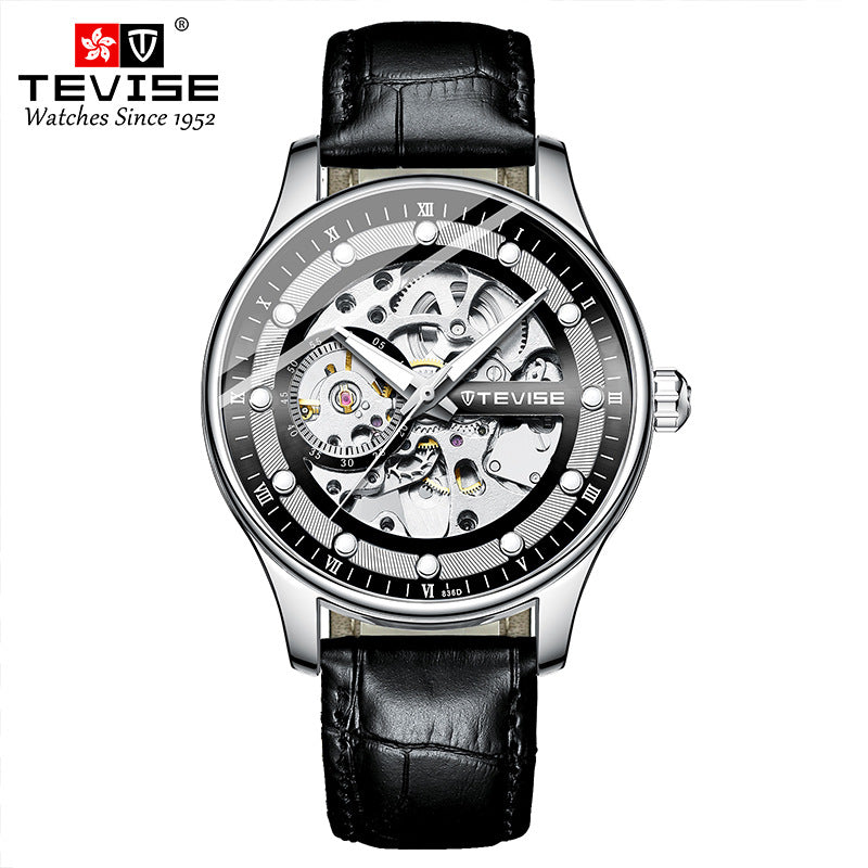 Orologio da polso meccanico automatico scheletrato da uomo con cinturino in pelle | T836D