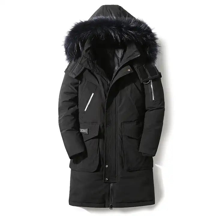 Doudoune mi-longue pour homme avec capuche et col en fourrure et manteau en duvet de canard en velours | 896